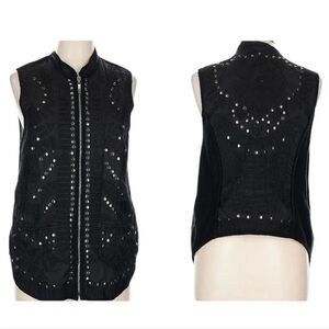 Johnny Was Biya Studded Zip Vest Silver Chain Embroidery Size L Boho Grunge